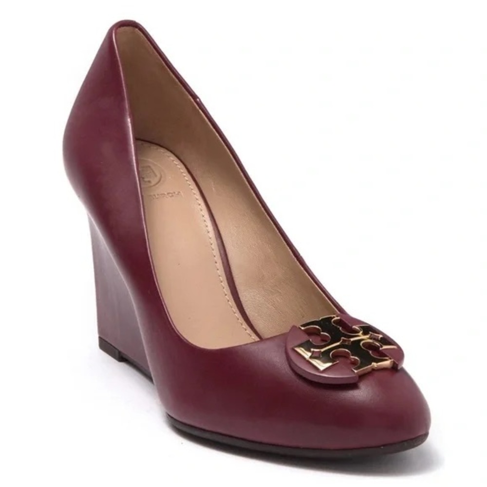 Tory Burch Burgundy Wedge Shoes with Logo Ornament